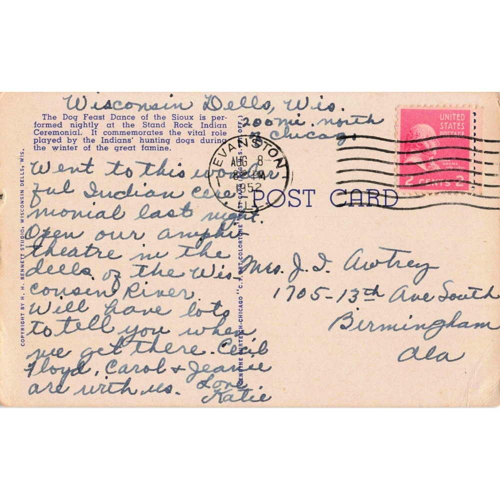 Dog Feast Dance Stand Rock Indian Ceremonial Wisconsin Dells Linen Postcard 1952 - Picture 2 of 2